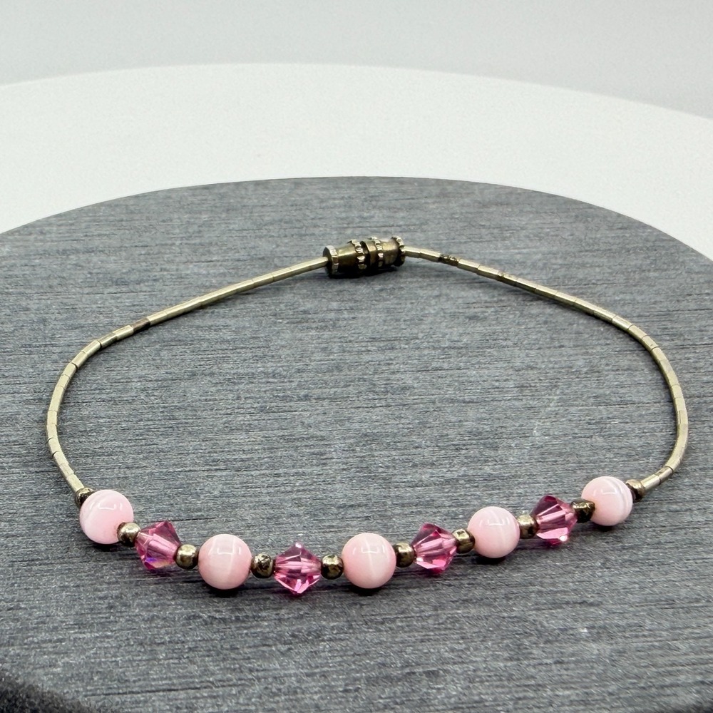 Y2K Pink Bead Bracelet Delicate Dainty Silver Tone Charm Jewelry Gift Coquette